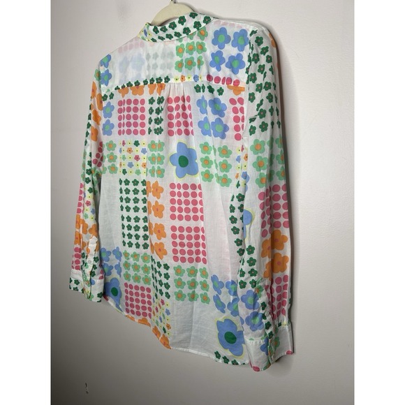 Talbots Blouse Colorful Floral Dots Top Pink Orange Button Up Size Medium - Picture 6 of 7